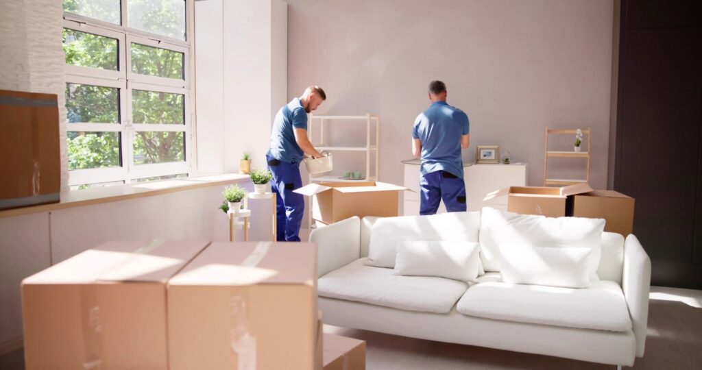 two person carefully moving furniture